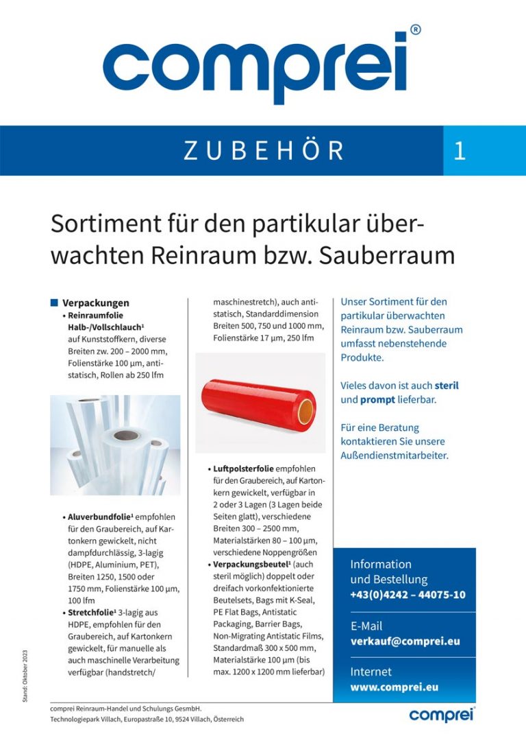 Sortiment für den partikular überwachten Reinraum bzw. Sauberraum