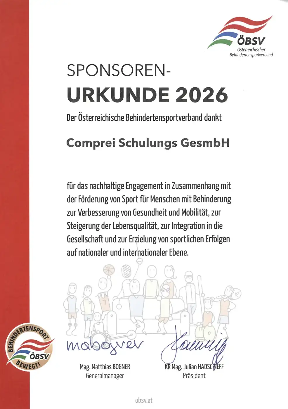 Urkunde des comprei Sponsoring für den Behindertensport